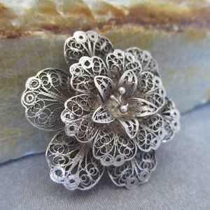 Rosa Persia Sterling Silver Brooch, Silver Blooming Rose Pin